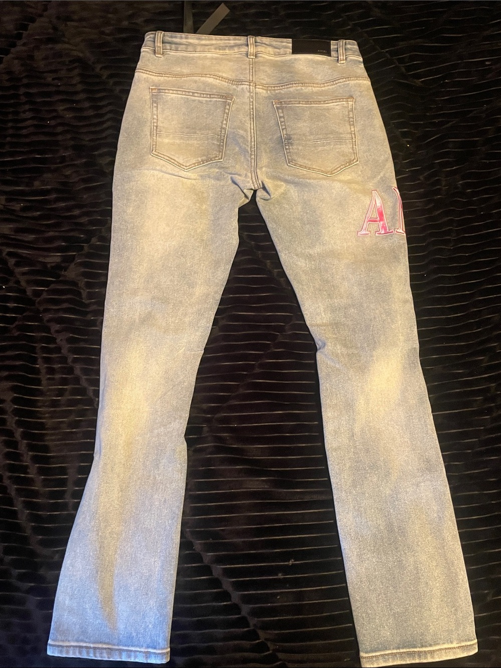 AMIRI Light Gray Distressed Jeans with Pink Logo Patch - Picture 5 of 5